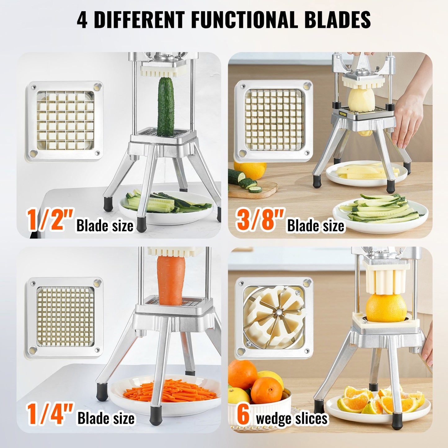 Commercial Vegetable Fruit Chopper, Stainless Steel French Fry Cutter With 4 Blades 1/4" 3/8" 1/2", 6-wedge Slicer, Chopper Dicer With Tray, Heavy Duty Cutter For Potato Tomato Onion Mushroom