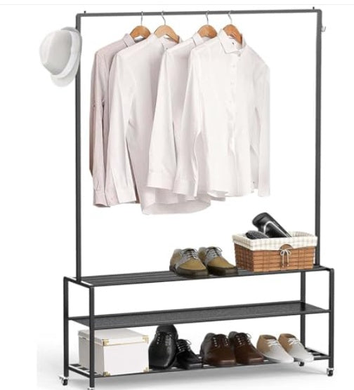 Clothes Rack, Clothes Rack With Double Organizer, Clothes Rack With Shoe Rack, Floor Clothes Rack With Casters And Hooks, Portable, Multifunctional, Black,