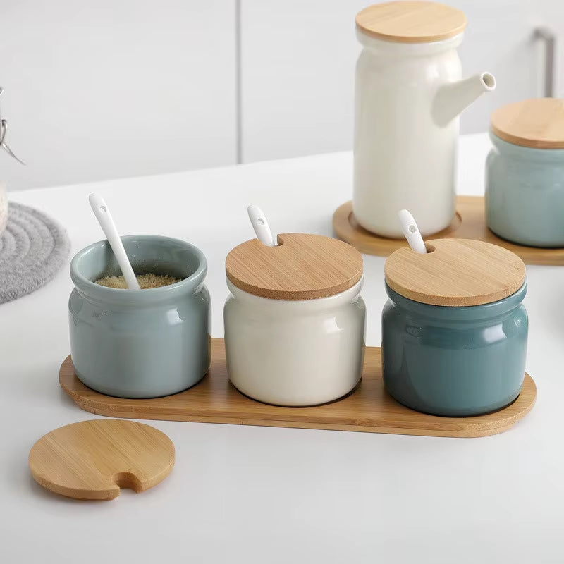 Ceramic Spice Rack Salt Shaker and Pepper Shaker Oil Bottle Set Kitchen Household Supplies for Spices Storage Jar with Cover