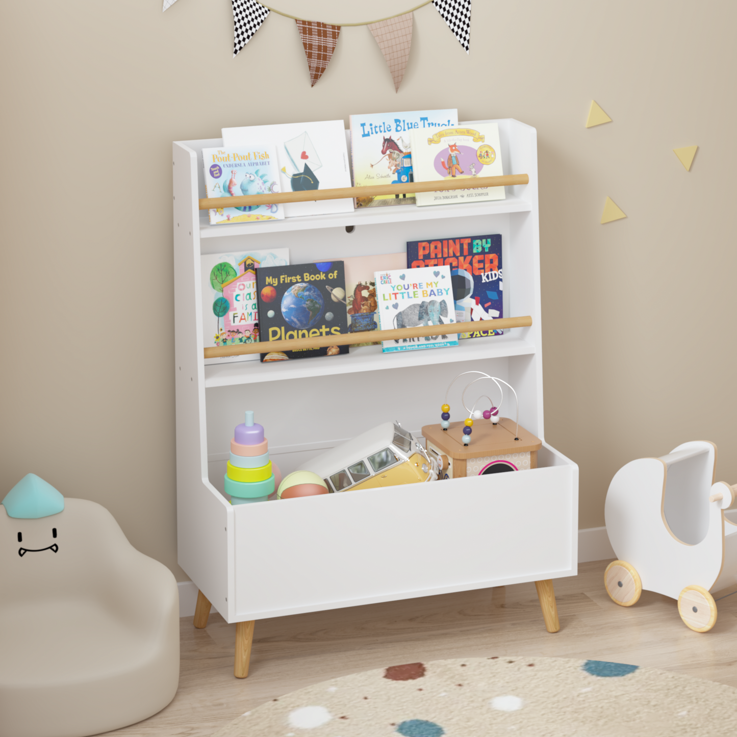 Kids Bookshelf, Book And Magazine  Rack, Book Organizer, Toy Storage Cabinet Organizer, White
