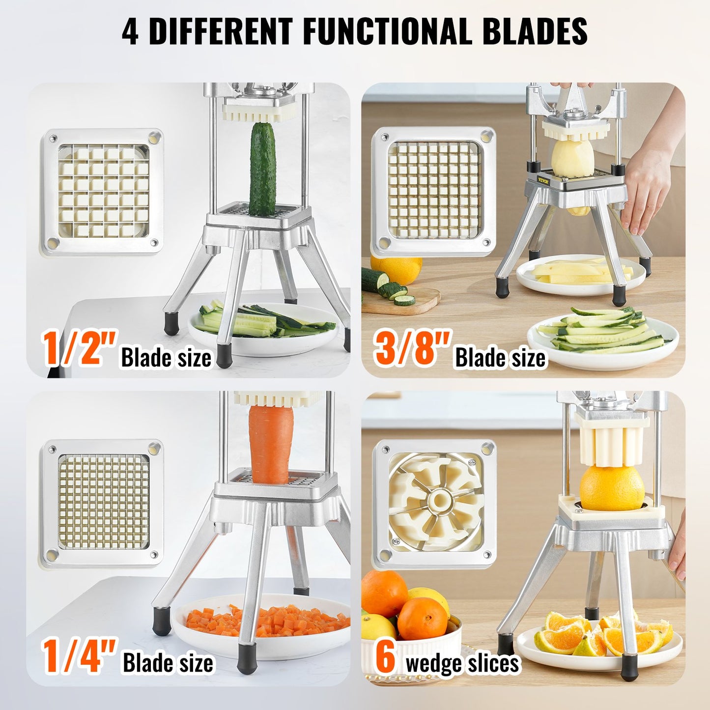 Commercial Vegetable Fruit Chopper, Stainless Steel French Fry Cutter With 4 Blades